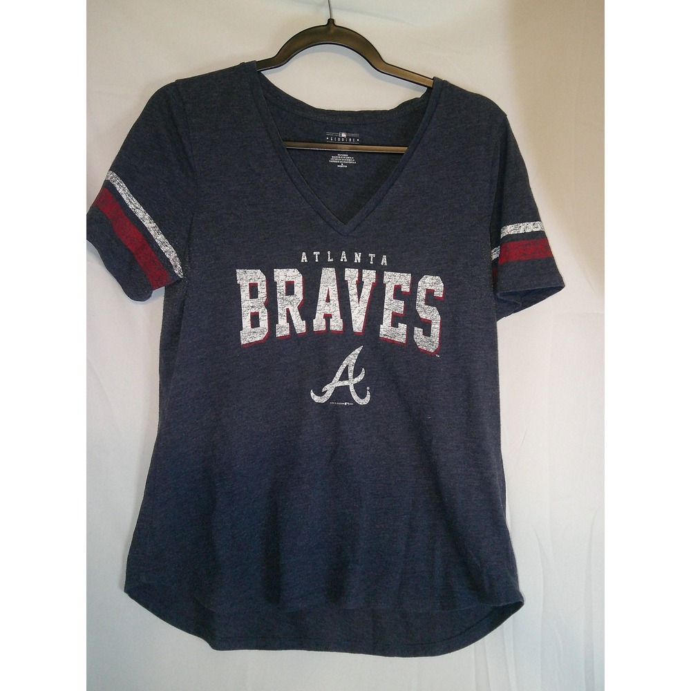 Vintage Atlanta Braves Womens V Neck T Shirt Short Sleeve Distressed Logo M